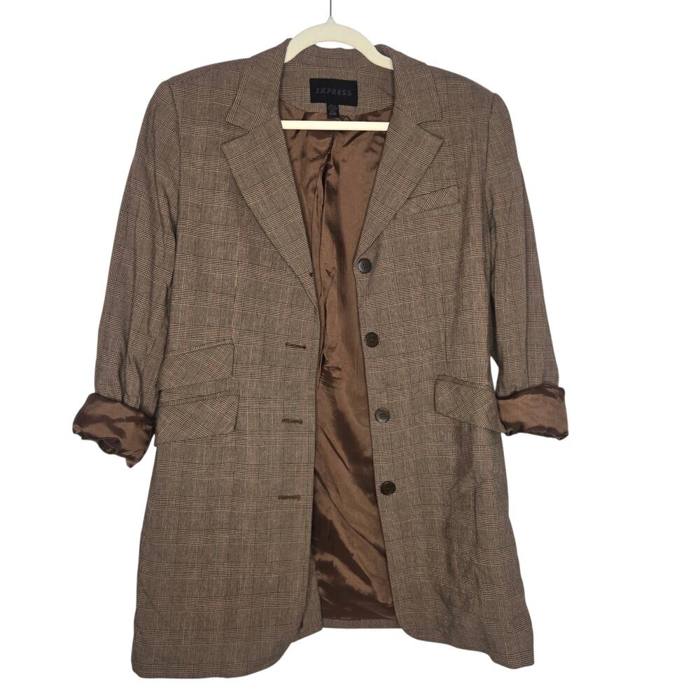Vintage 90s Express Women Longline Blazer Academia Menswear Houndstooth Plaid 10